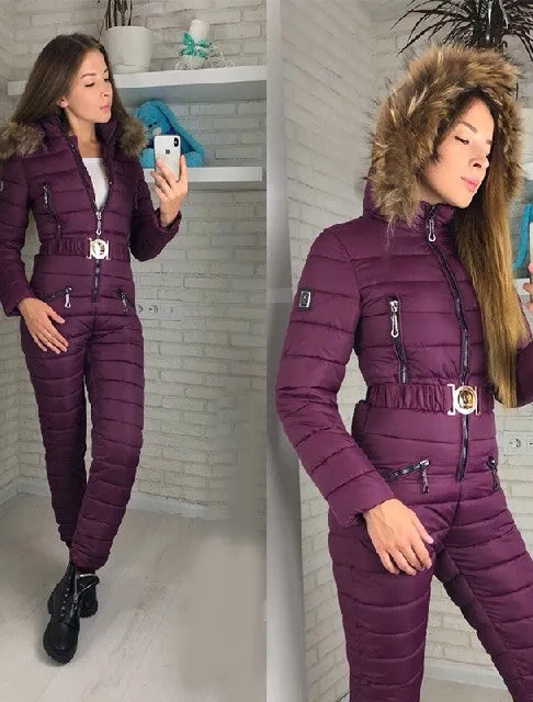 Ashore Shop Women's Ski Jump Suit Windproof and Hooded with Fur