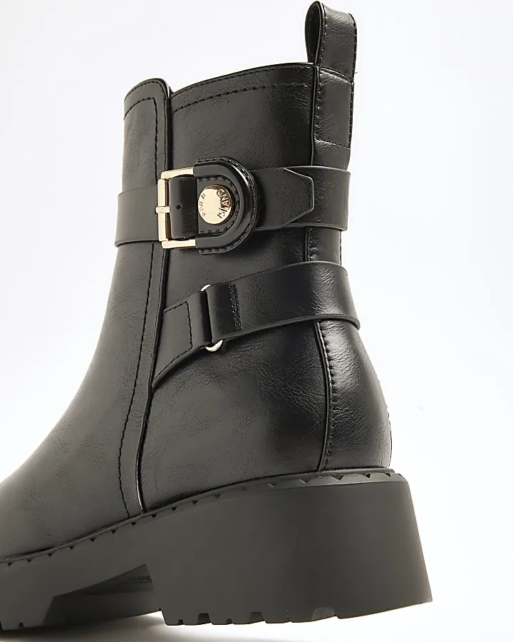 Black buckle chunky ankle boots