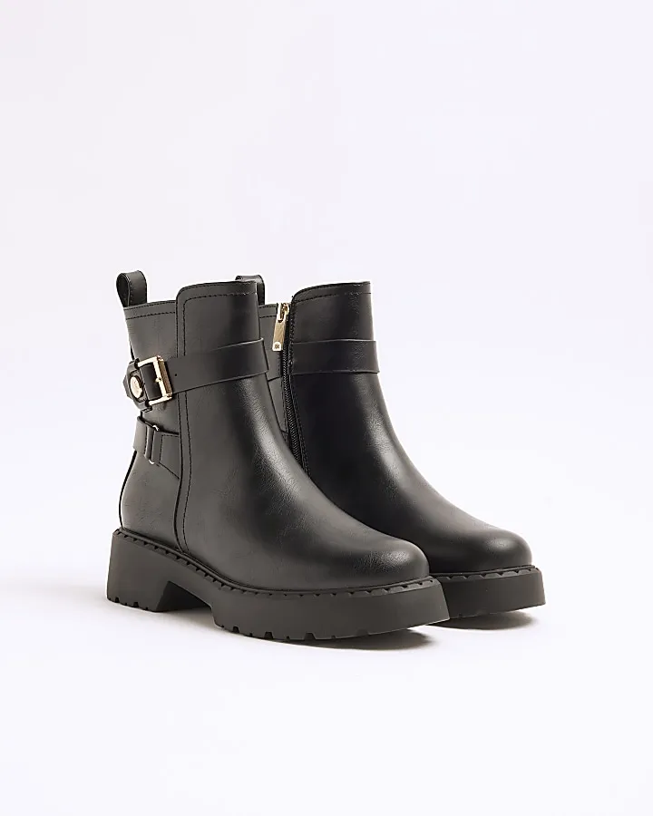 Black buckle chunky ankle boots