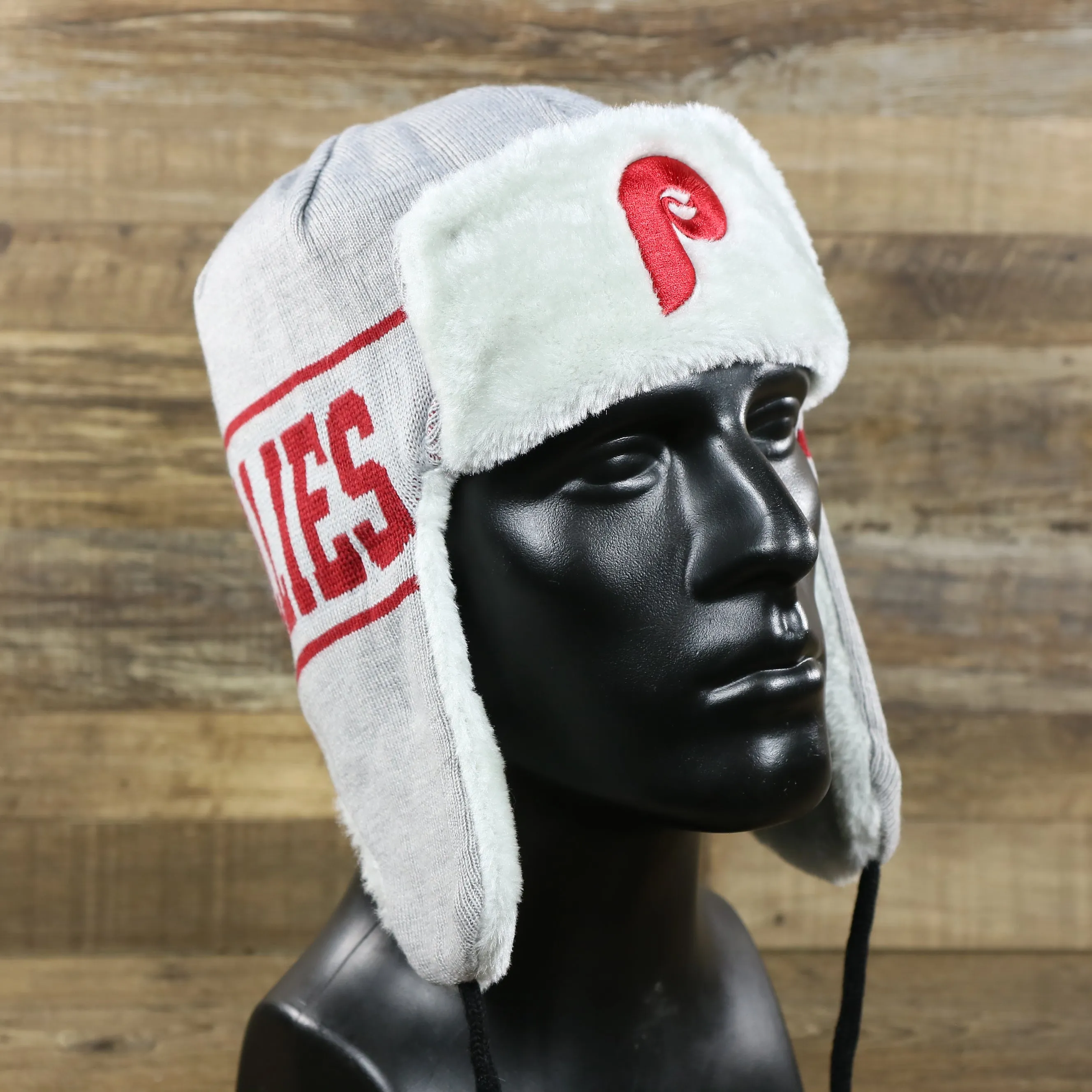 Cooperstown Philadelphia Phillies Logo Wrapped Around Wordmark Trapper Hat | Gray Ushanka Hat