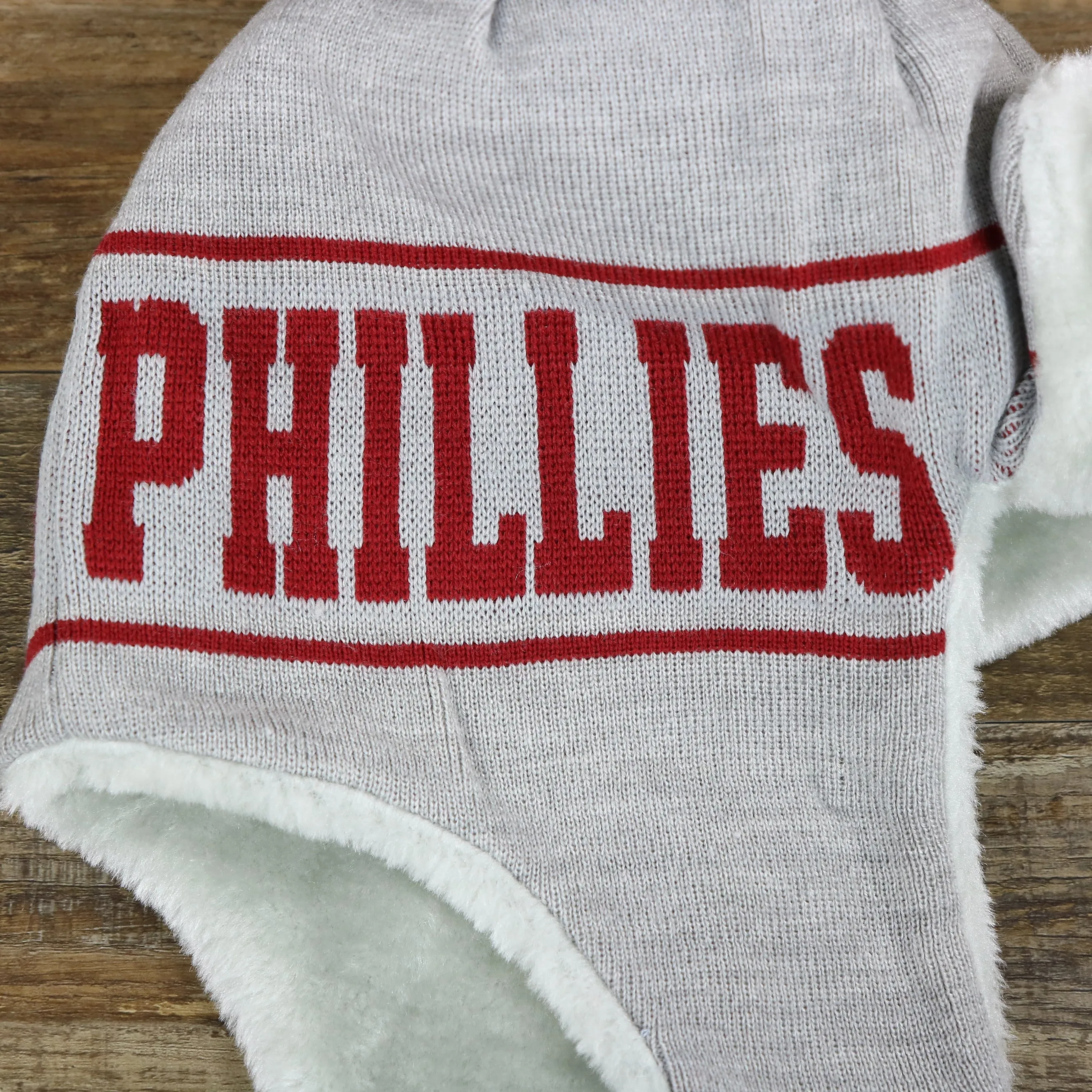 Cooperstown Philadelphia Phillies Logo Wrapped Around Wordmark Trapper Hat | Gray Ushanka Hat