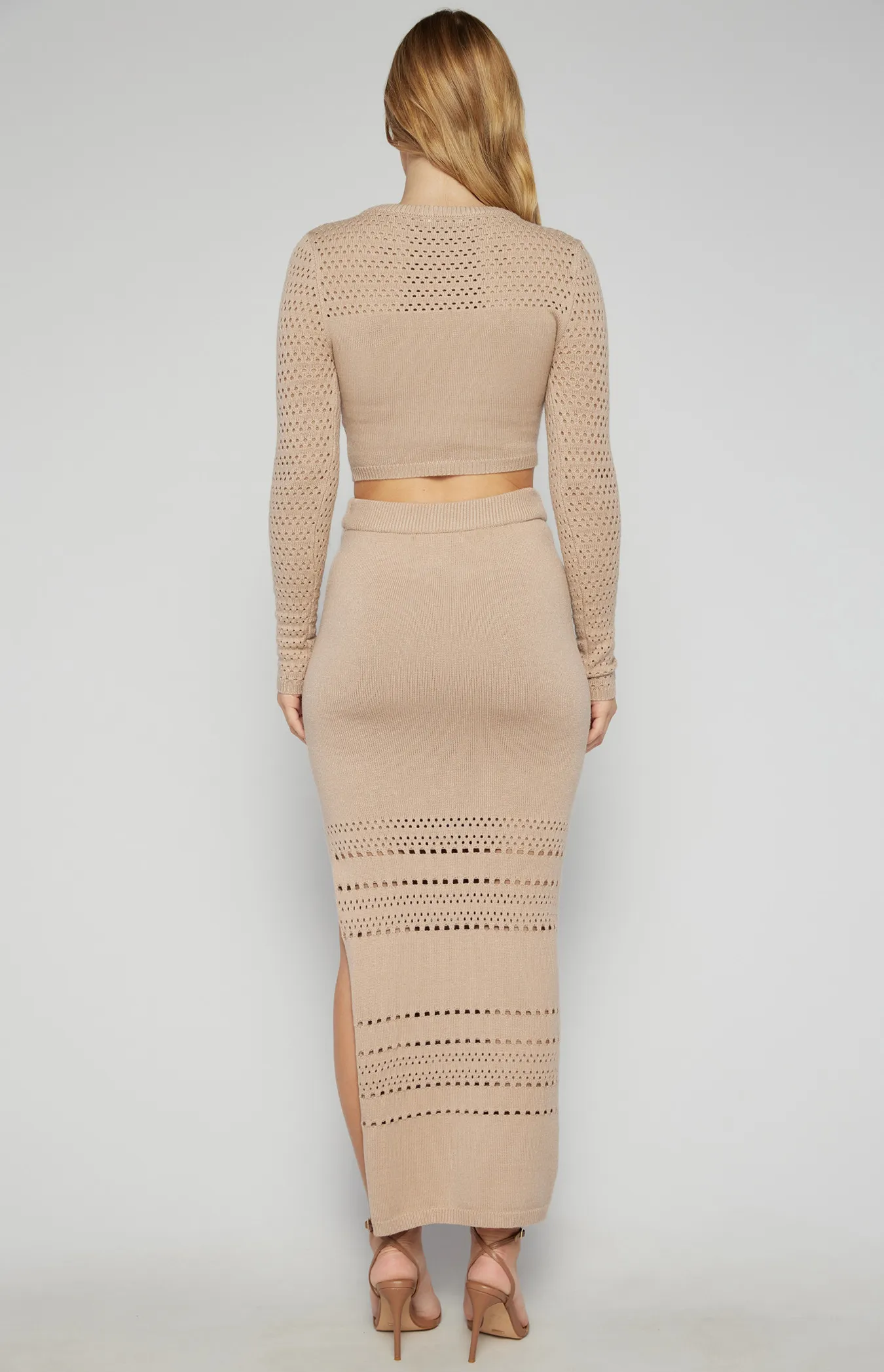 Crochet Knit Textured Set with Top and Midi Skirt (SKN841)