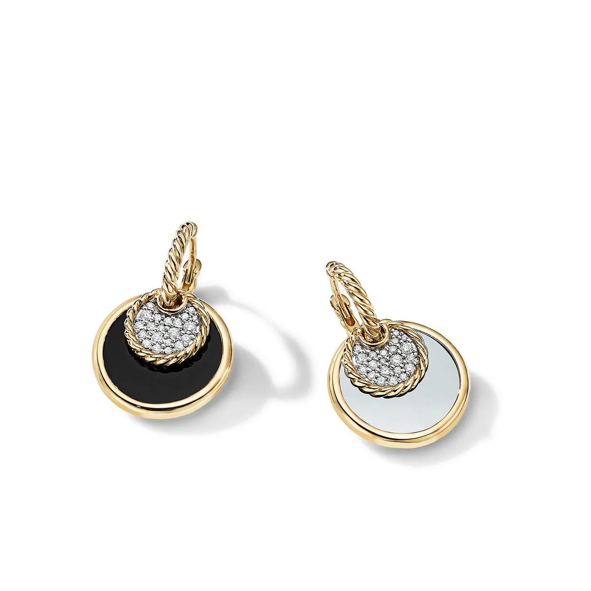 DY Elements Convertible Drop Earrings in 18K Yellow Gold with Black Onyx and Mother of Pearl and Pave Diamonds