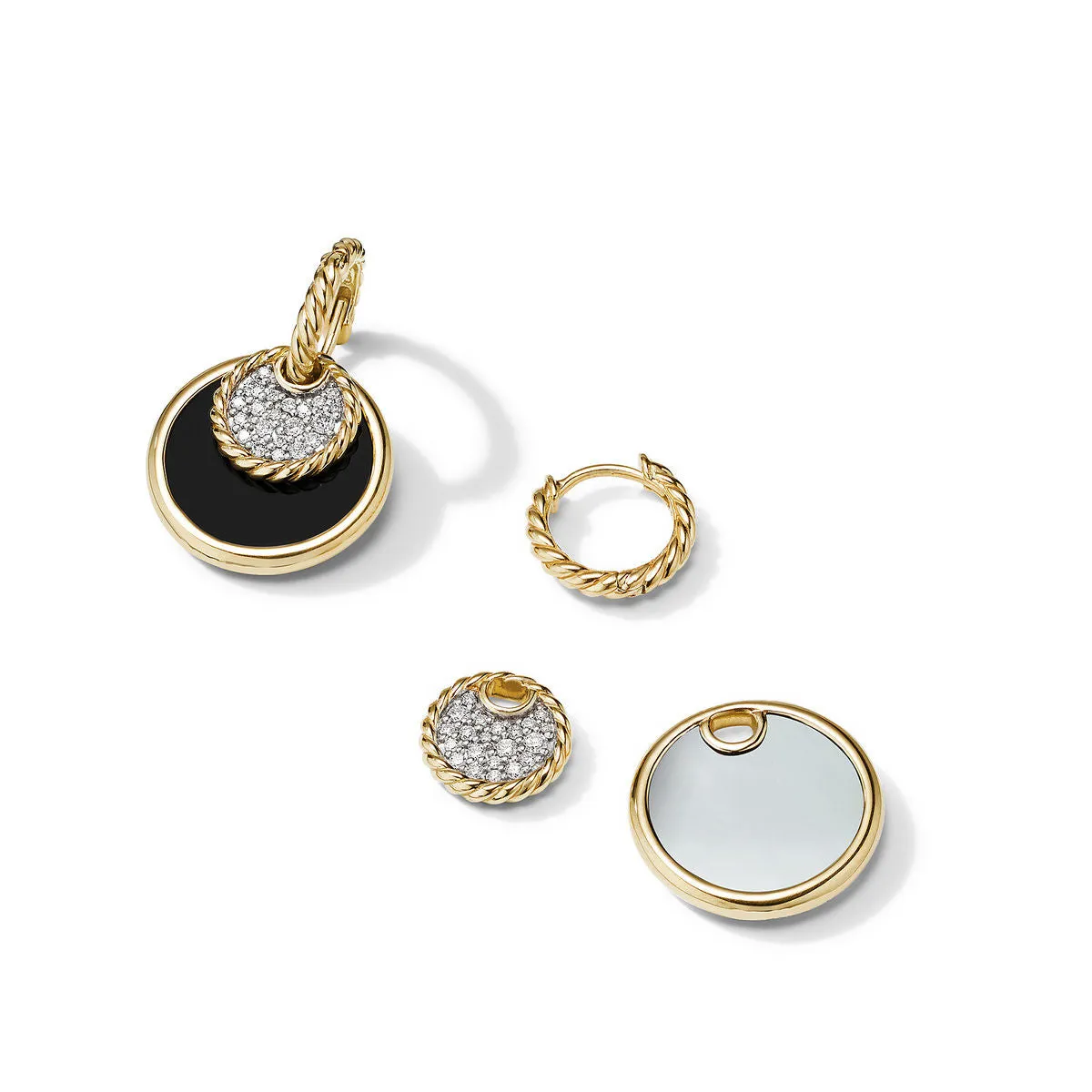 DY Elements Convertible Drop Earrings in 18K Yellow Gold with Black Onyx and Mother of Pearl and Pave Diamonds