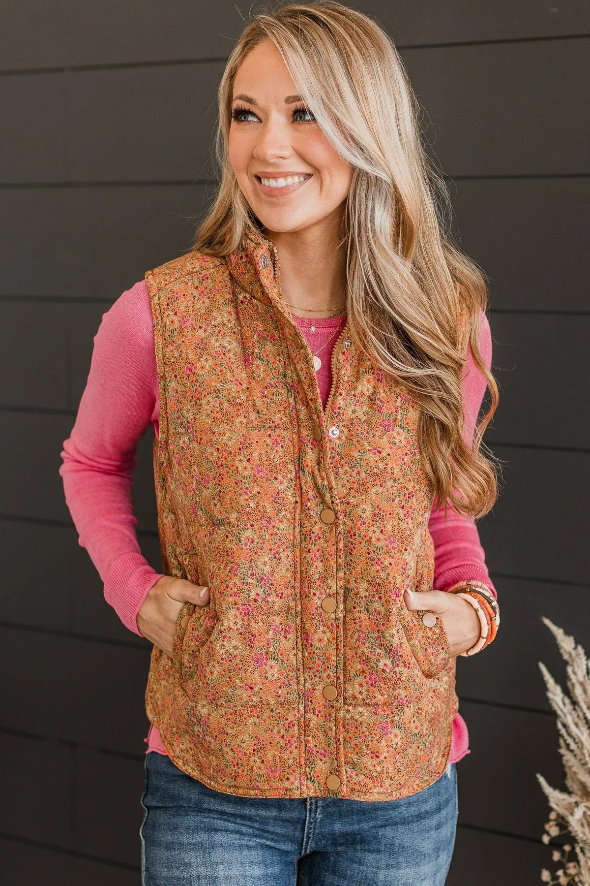 Favorite Of All Floral Puffer Vest- Burnt Gold