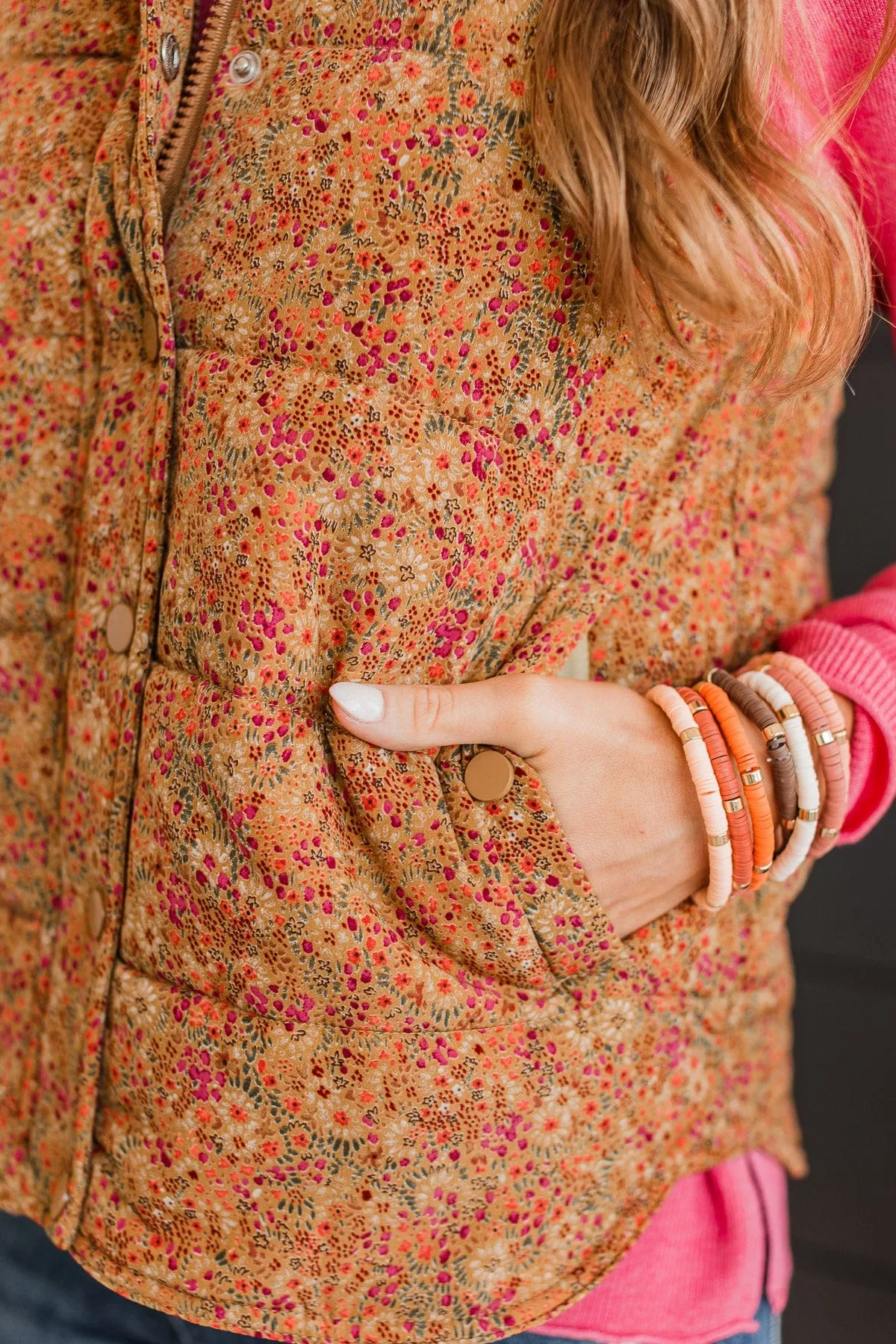 Favorite Of All Floral Puffer Vest- Burnt Gold