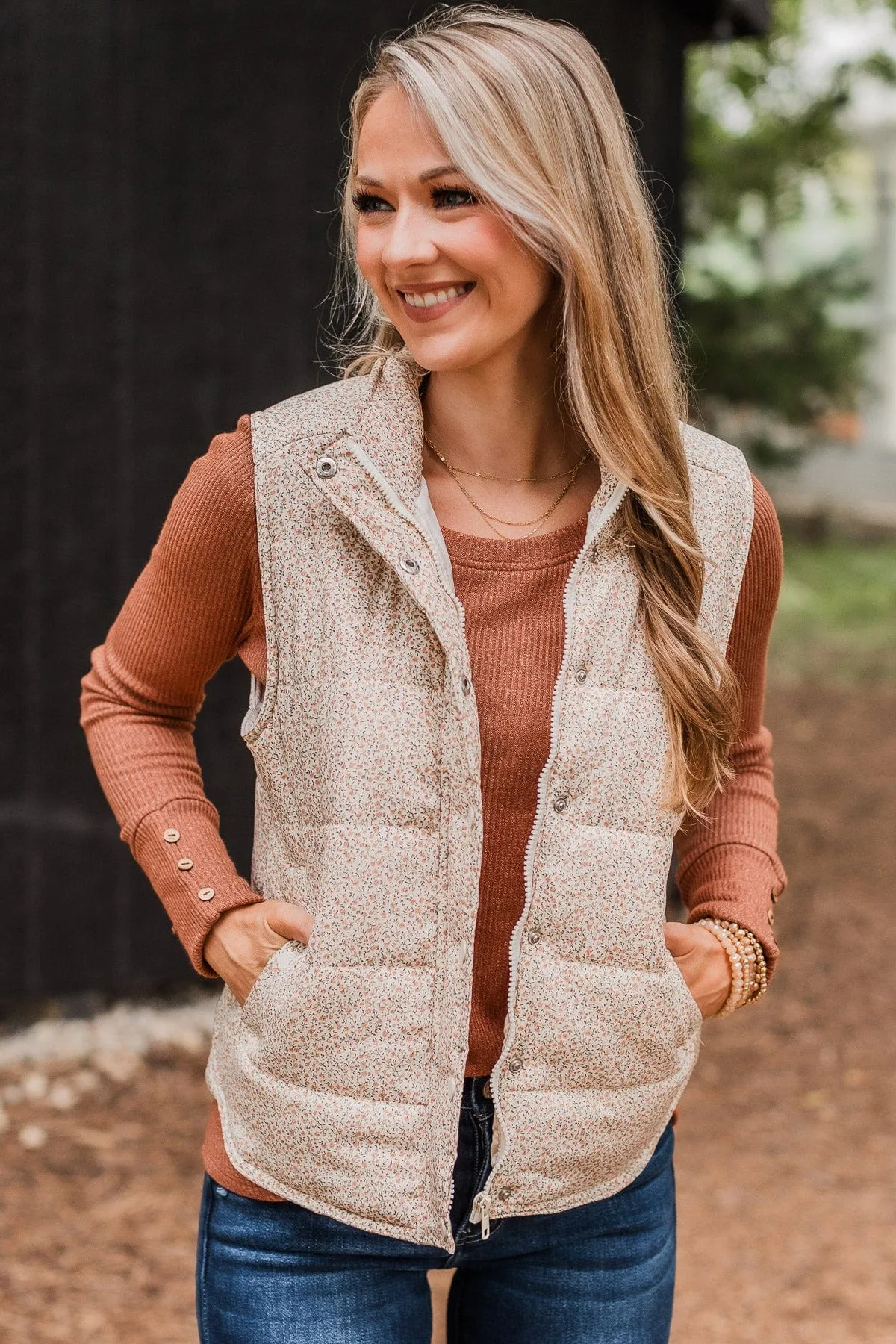 Favorite Of All Floral Puffer Vest- Cream