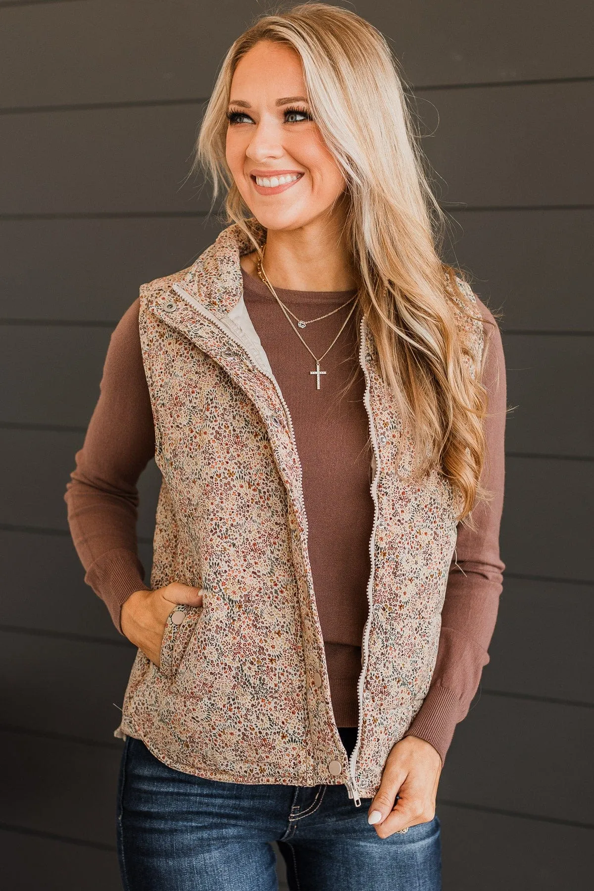 Favorite Of All Floral Puffer Vest- Taupe