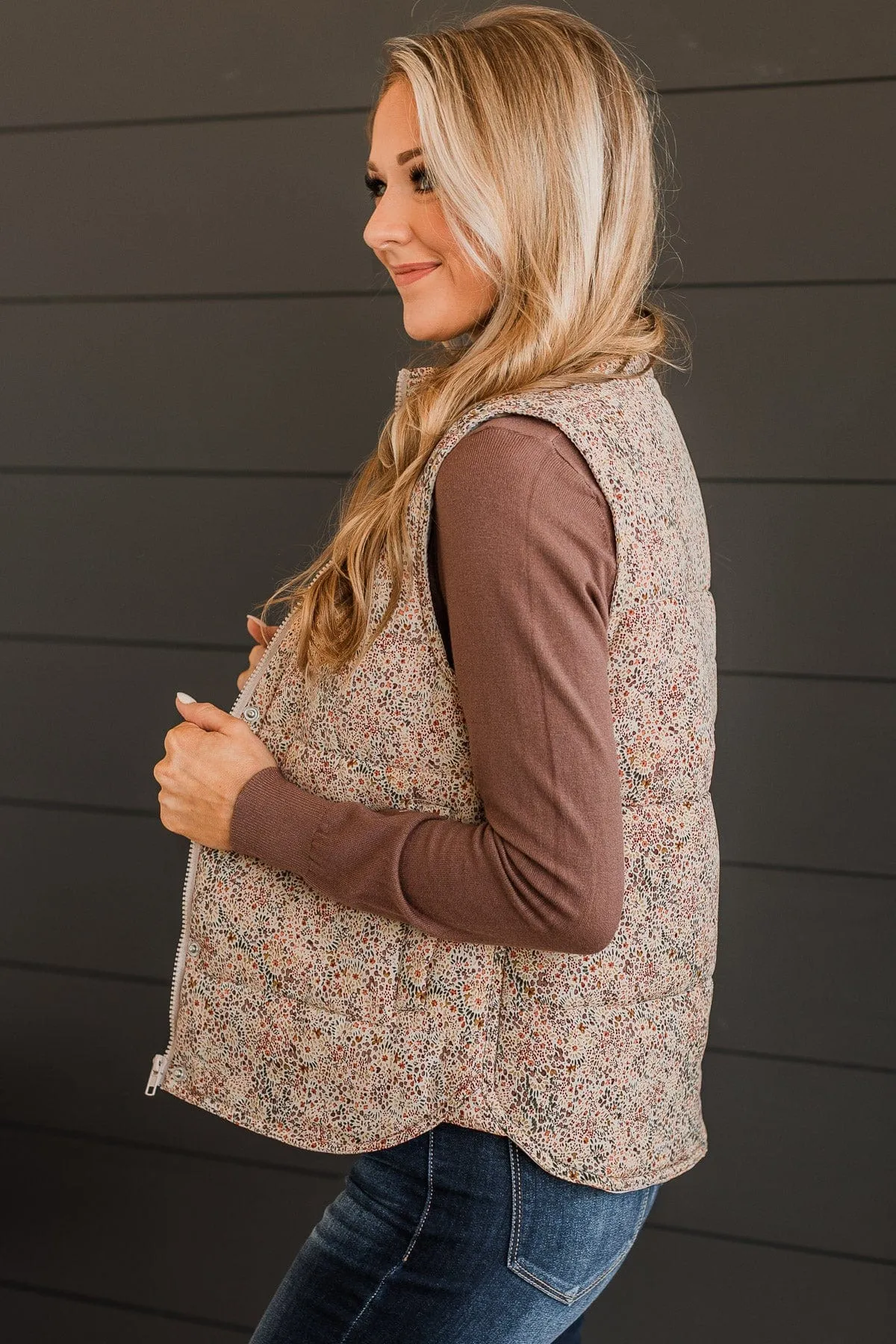 Favorite Of All Floral Puffer Vest- Taupe