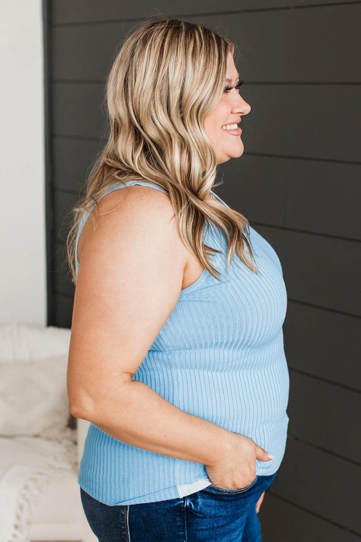 Feeling The Moment Knit Tank Top- Sky Blue