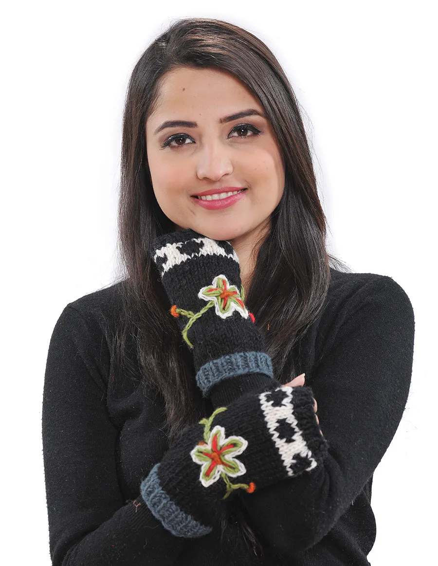 Flower Embroidered Wool Knit Arm Warmers