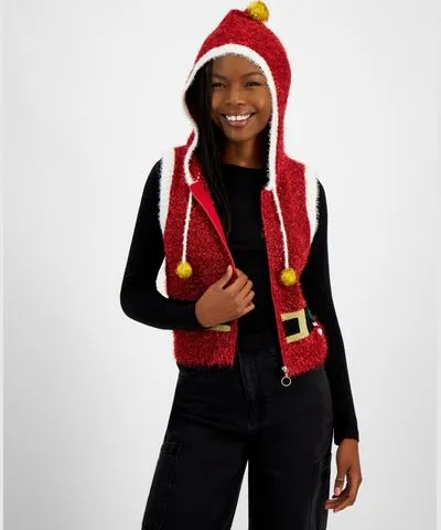 Hooked Up By Iot Juniors' Metallic-Knit Hooded Santa Vest