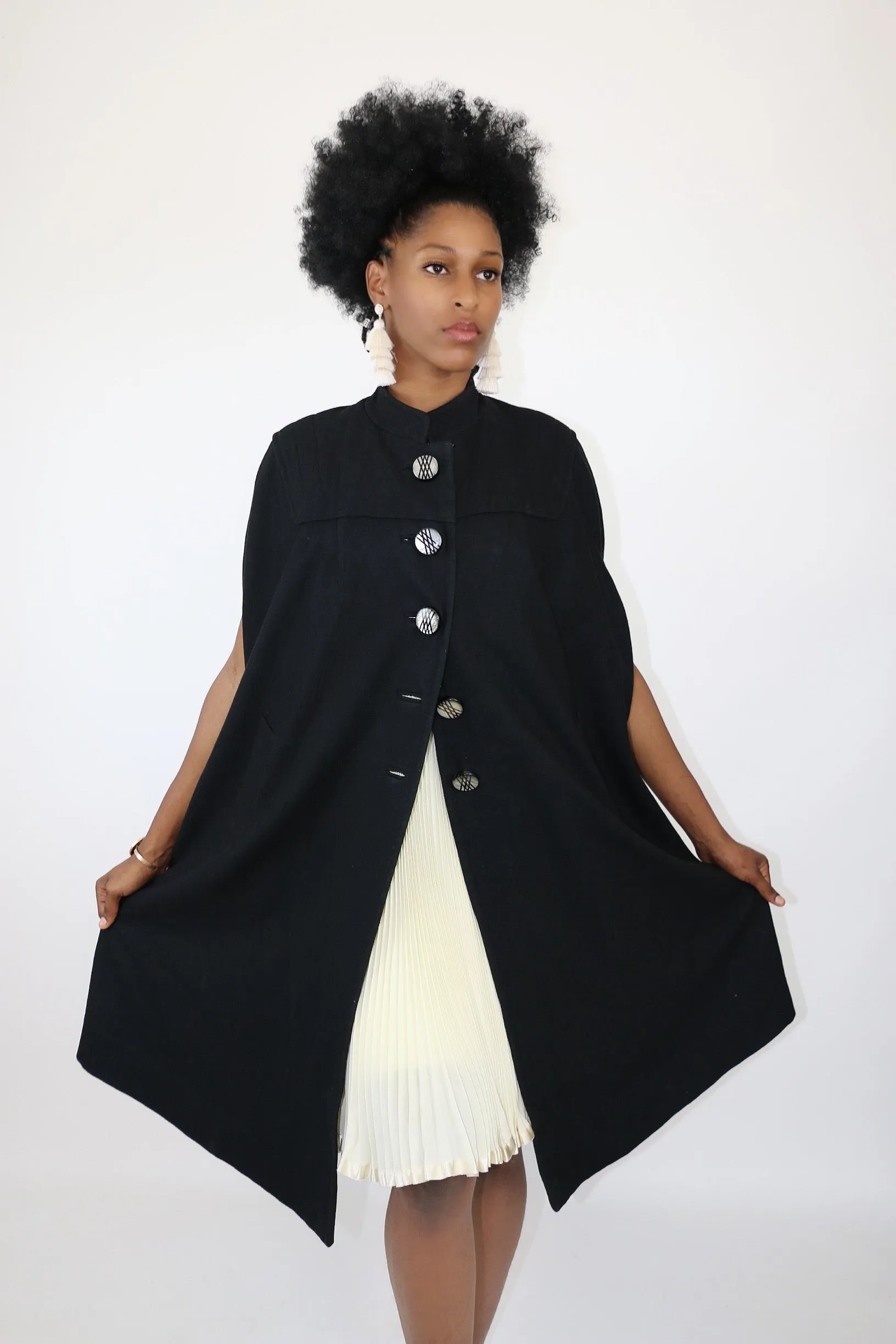 Live: 54 Black Wool Appliqué Vintage Cape