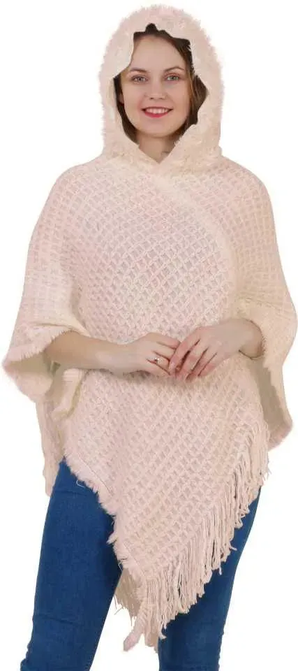 Manra Women Pure Wool Knitted Cape Poncho in Beige Colour