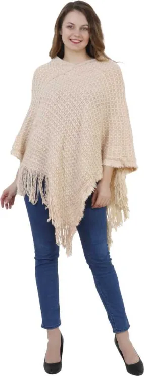 Manra Women Pure Wool Knitted Cape Poncho in Beige Colour