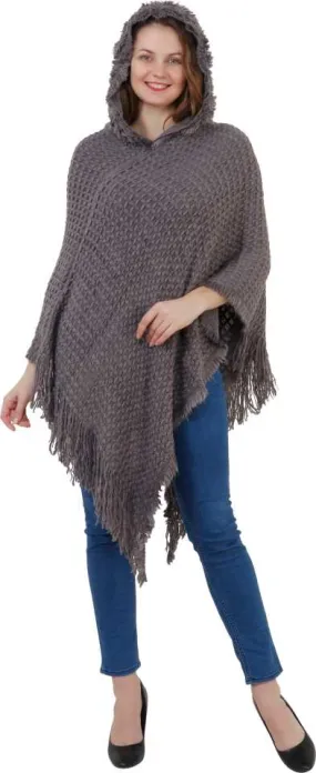 Manra Women Pure Wool Knitted Cape Poncho in Grey Colour