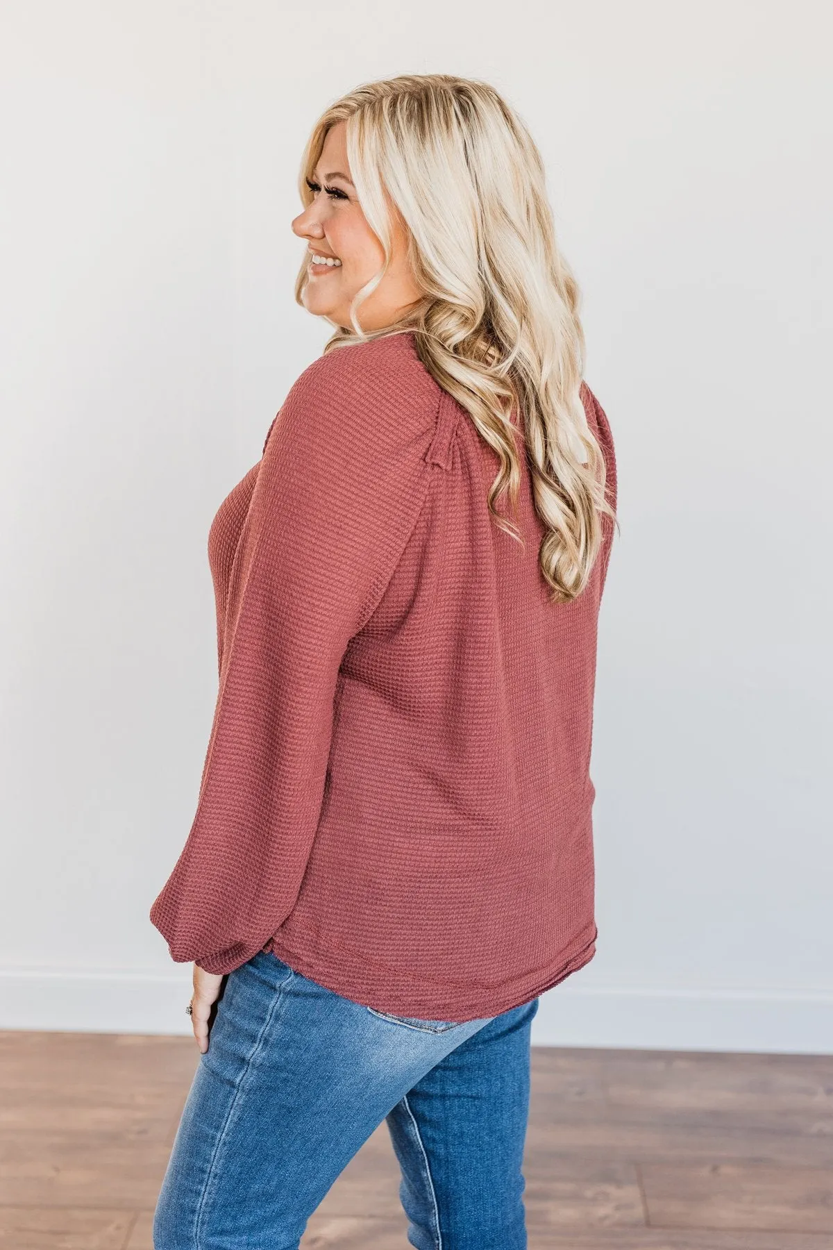 Out Of The Woods Waffle Knit Long Sleeve Top- Burgundy