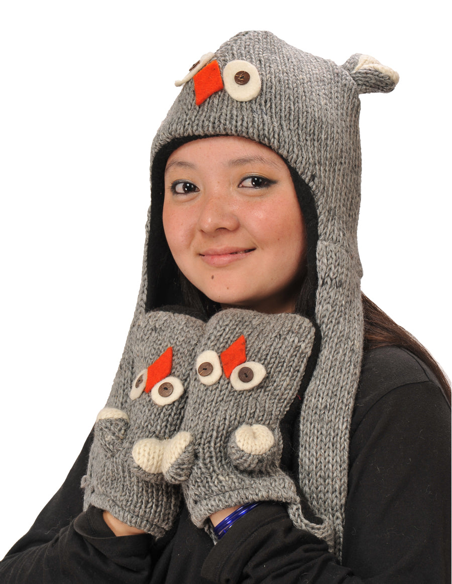 Owl Woolen Hat W' Mittens