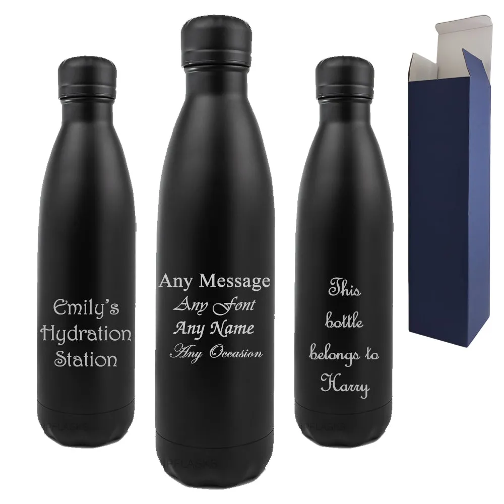 Personalised Engraved Black 750ml Thermal Bottle, Personalise with Any Message or Name