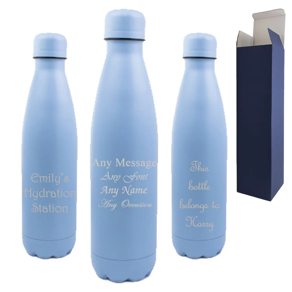 Personalised Engraved Blue 500ml Thermal Bottle, Personalise with Any Message or Name