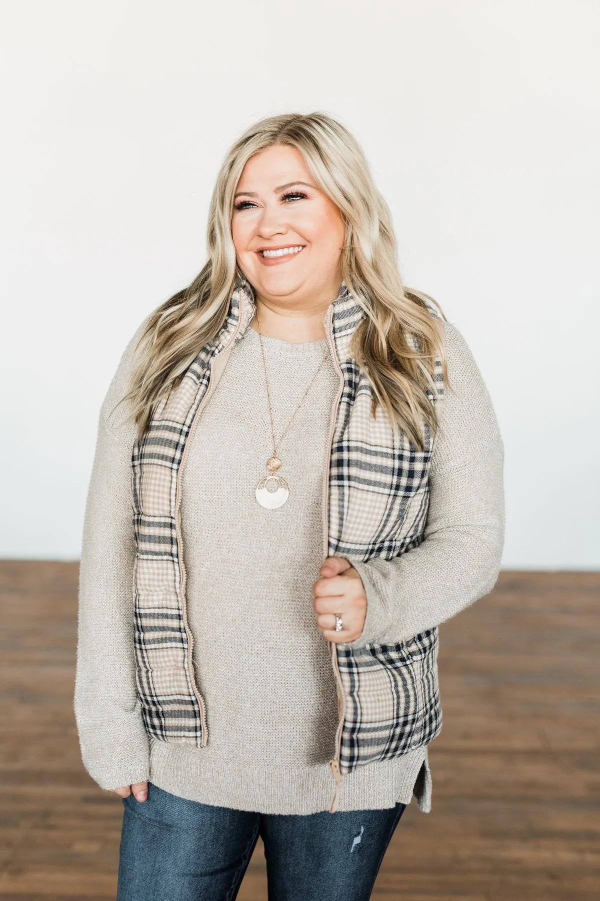 Pretty In Plaid Puffer Vest- Light Taupe & Navy