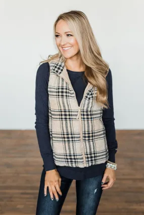 Pretty In Plaid Puffer Vest- Light Taupe & Navy