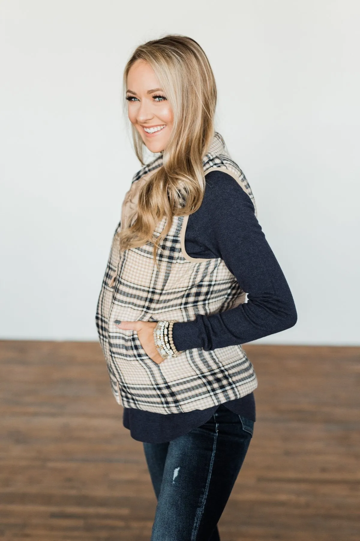 Pretty In Plaid Puffer Vest- Light Taupe & Navy