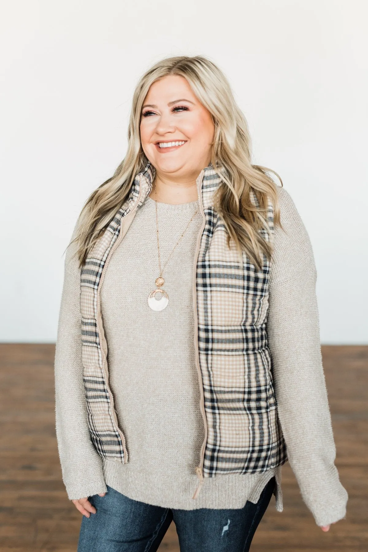 Pretty In Plaid Puffer Vest- Light Taupe & Navy