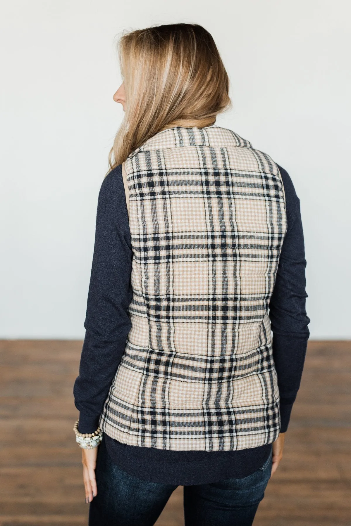 Pretty In Plaid Puffer Vest- Light Taupe & Navy