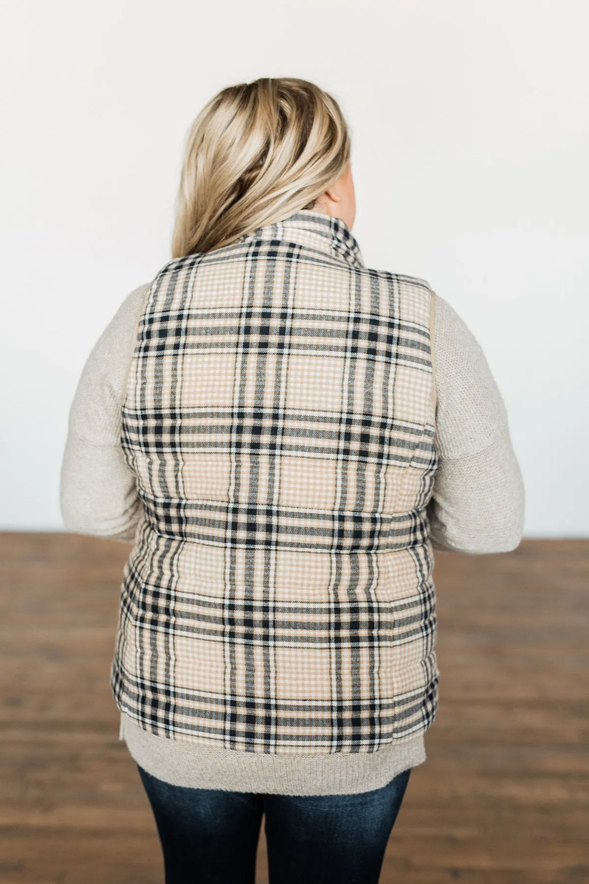 Pretty In Plaid Puffer Vest- Light Taupe & Navy