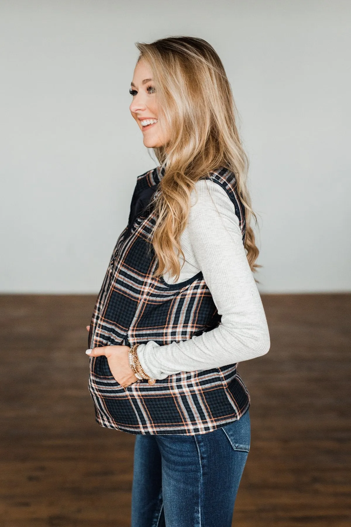 Pretty In Plaid Puffer Vest- Navy & Orange