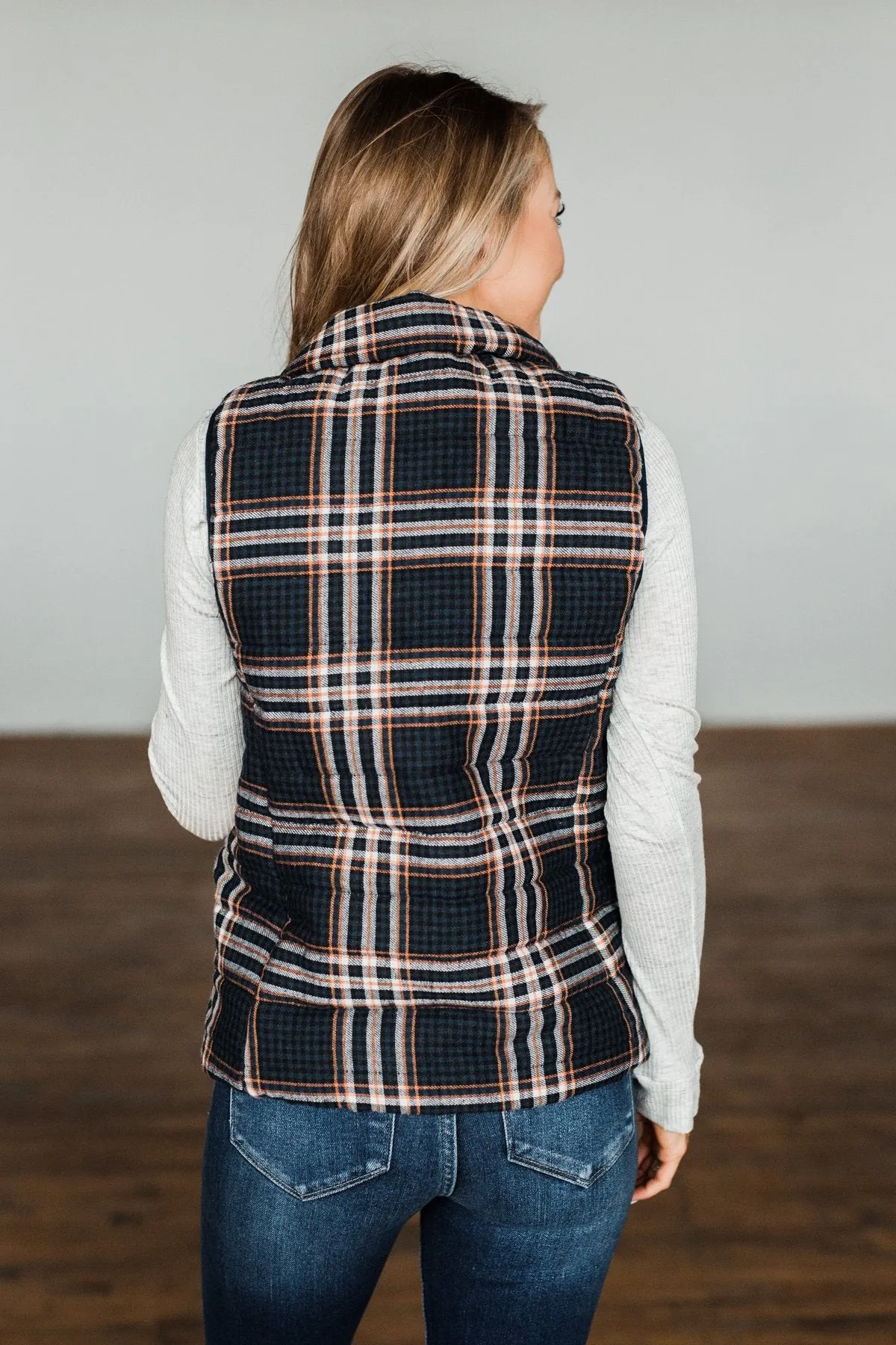 Pretty In Plaid Puffer Vest- Navy & Orange