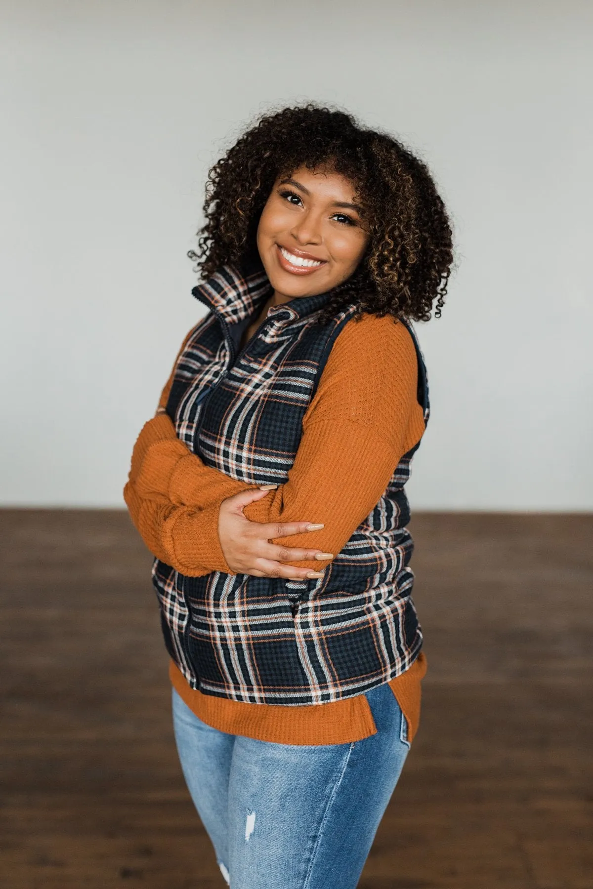 Pretty In Plaid Puffer Vest- Navy & Orange