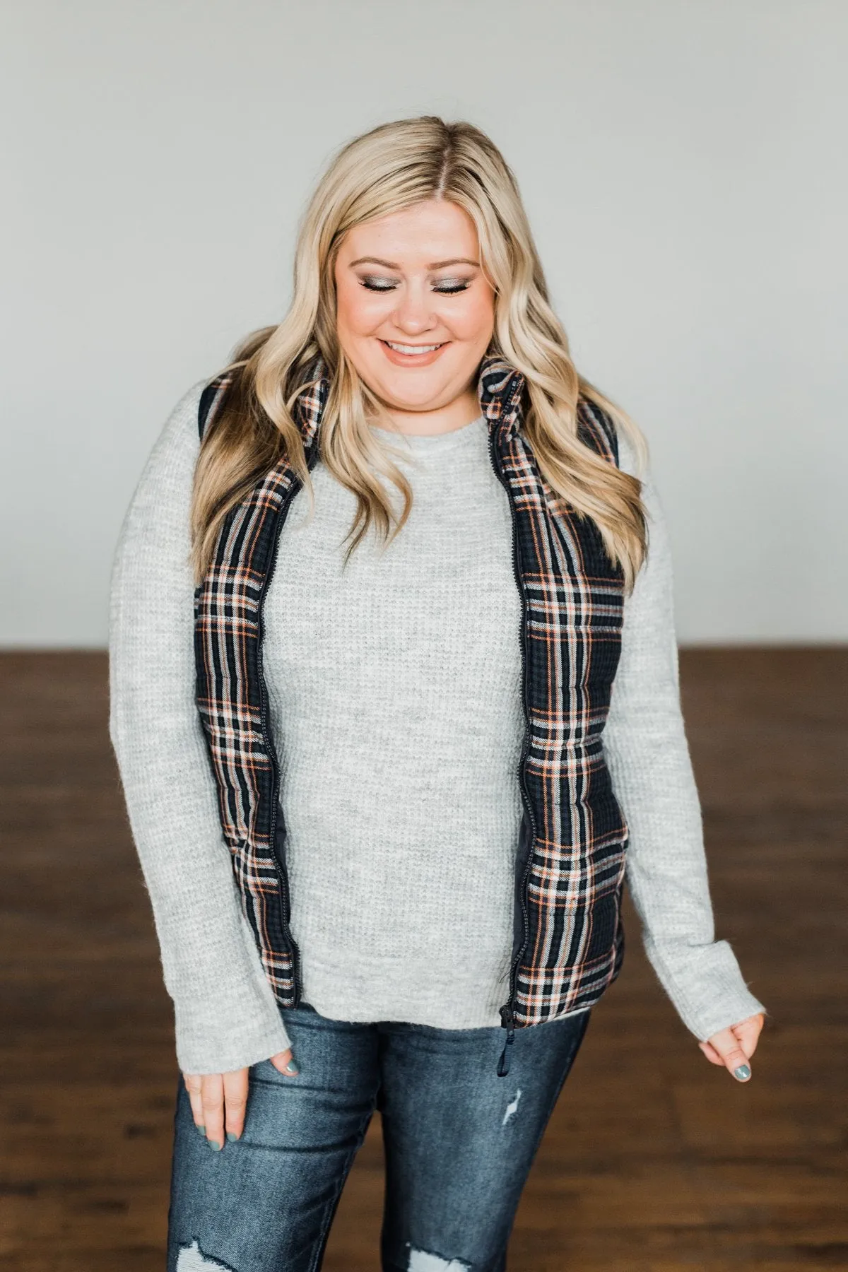 Pretty In Plaid Puffer Vest- Navy & Orange