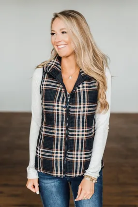 Pretty In Plaid Puffer Vest- Navy & Orange