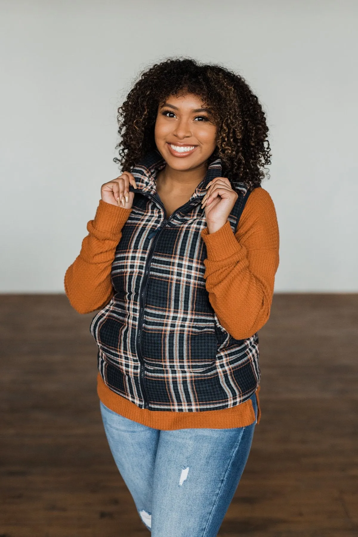 Pretty In Plaid Puffer Vest- Navy & Orange