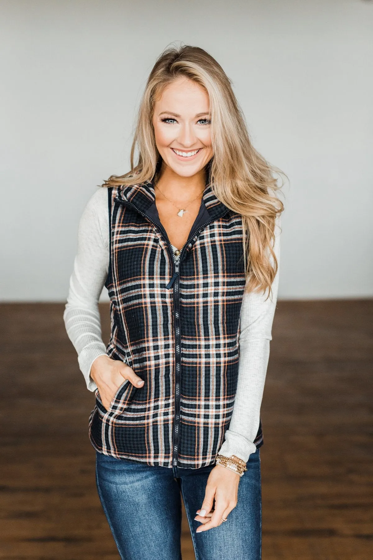 Pretty In Plaid Puffer Vest- Navy & Orange