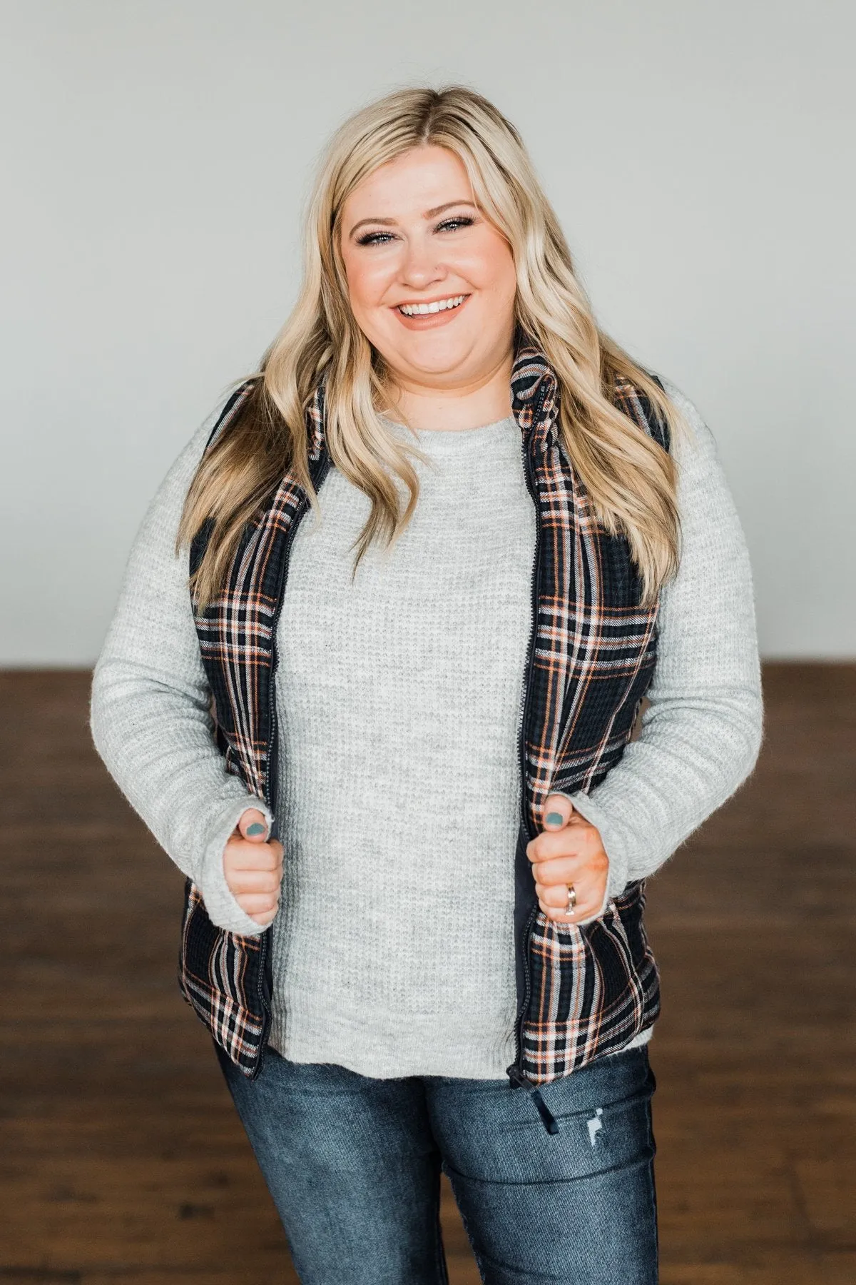 Pretty In Plaid Puffer Vest- Navy & Orange