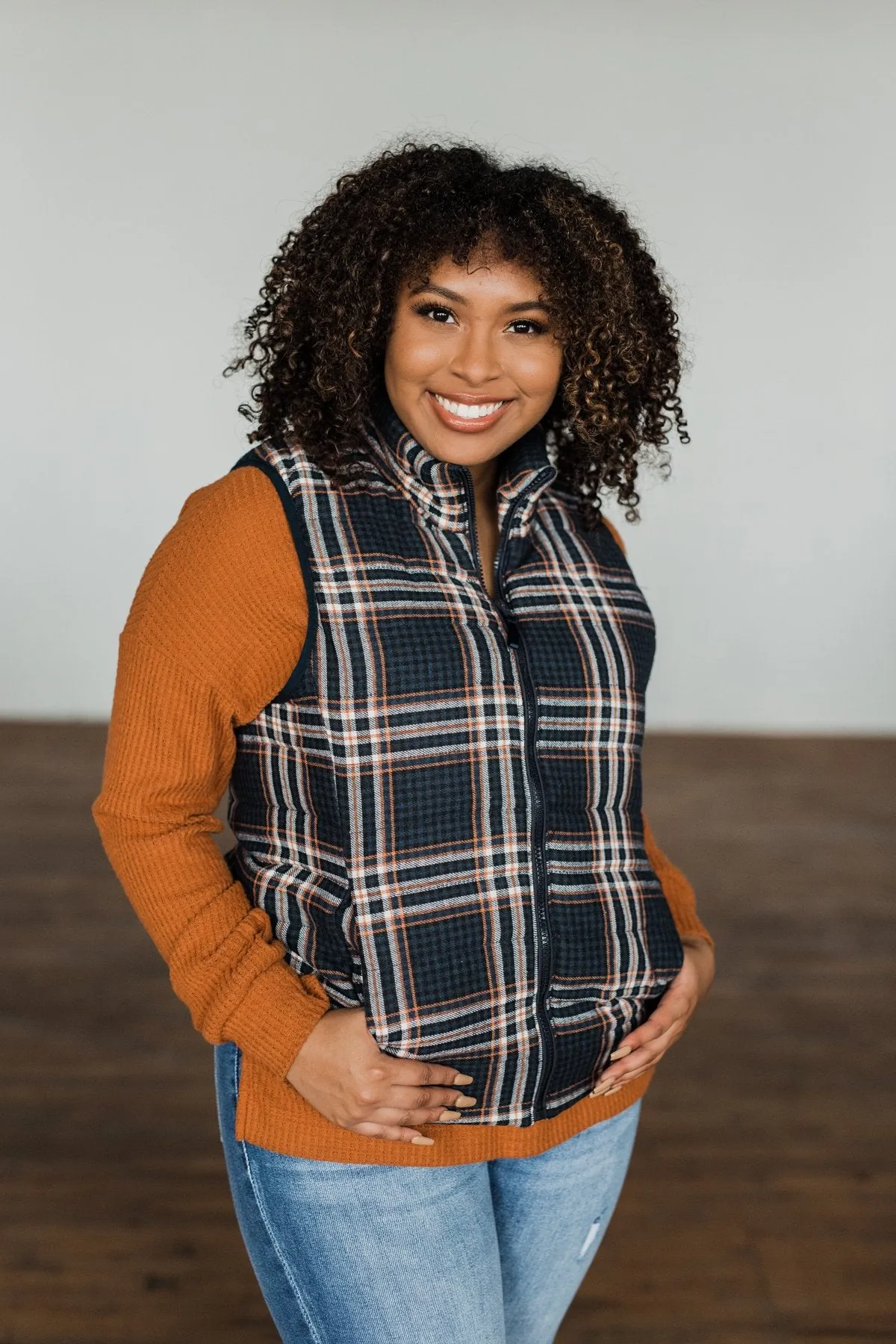 Pretty In Plaid Puffer Vest- Navy & Orange