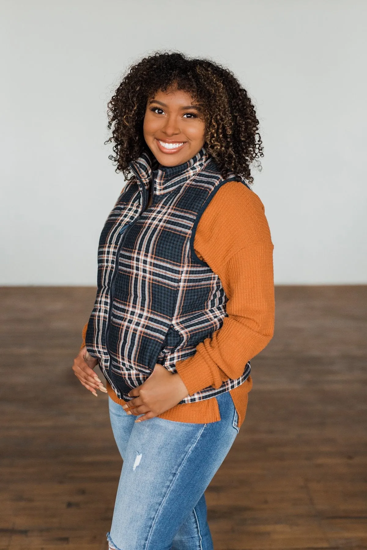 Pretty In Plaid Puffer Vest- Navy & Orange