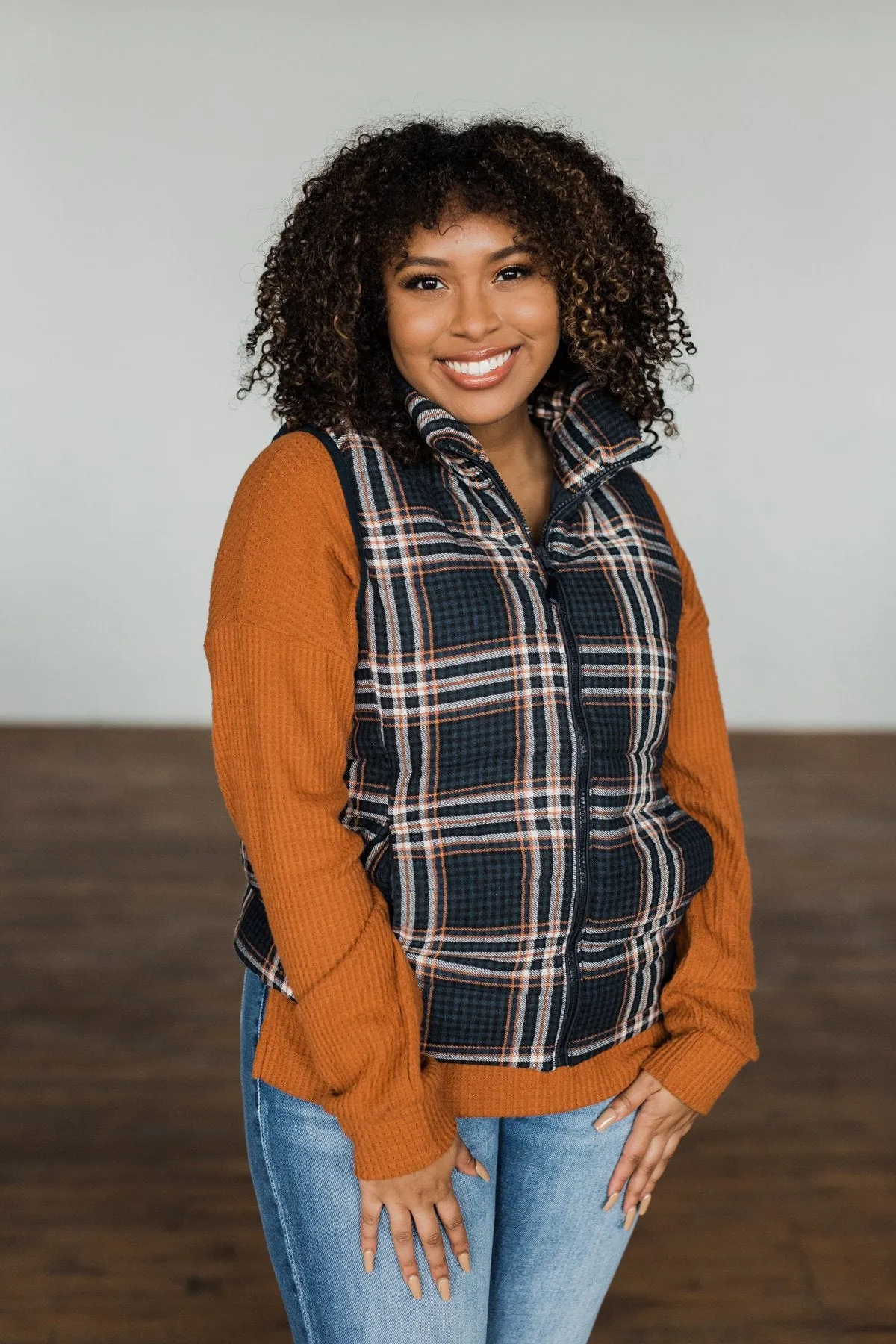 Pretty In Plaid Puffer Vest- Navy & Orange