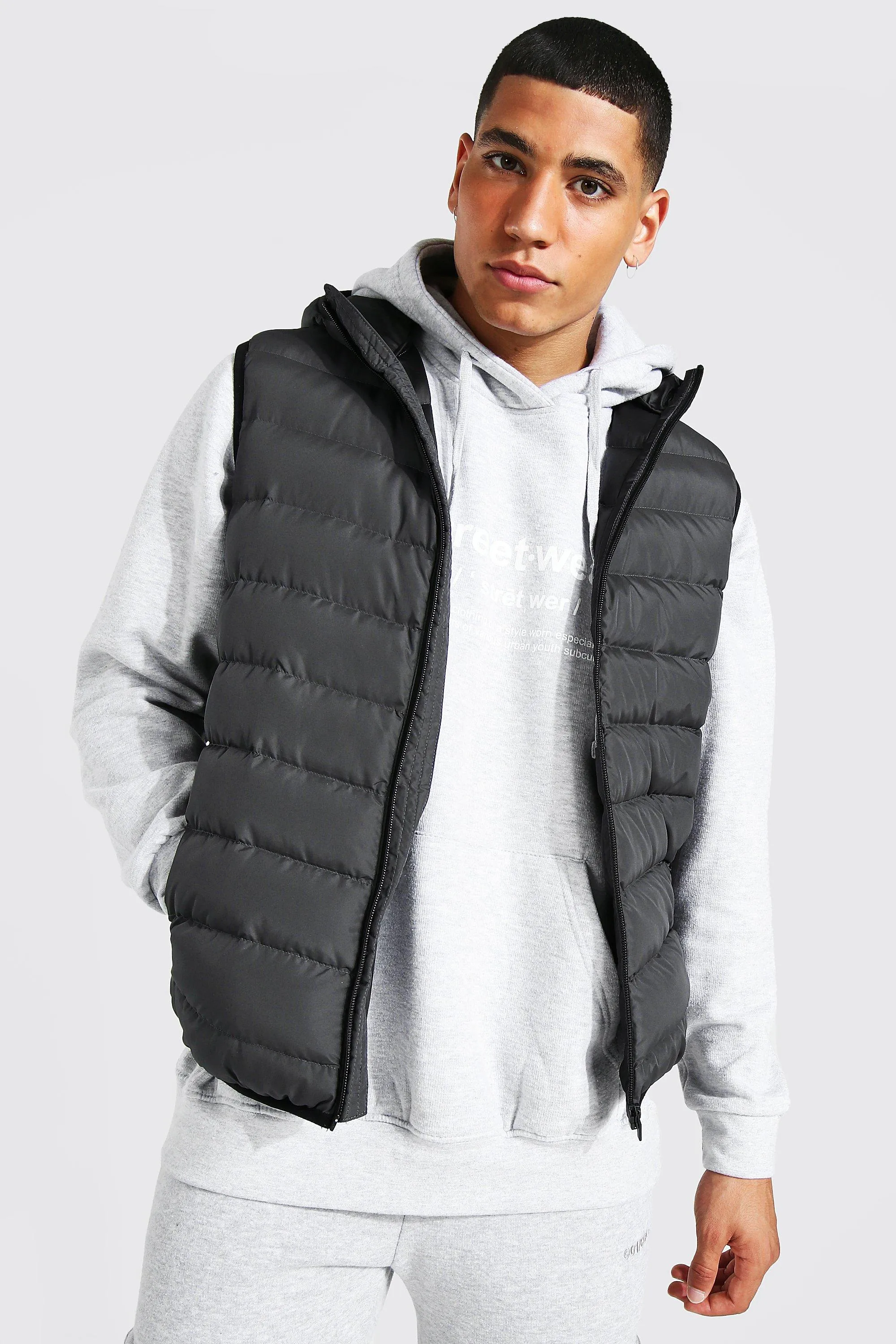 Quilted Zip Through Gilet With Hood | boohooMAN UK