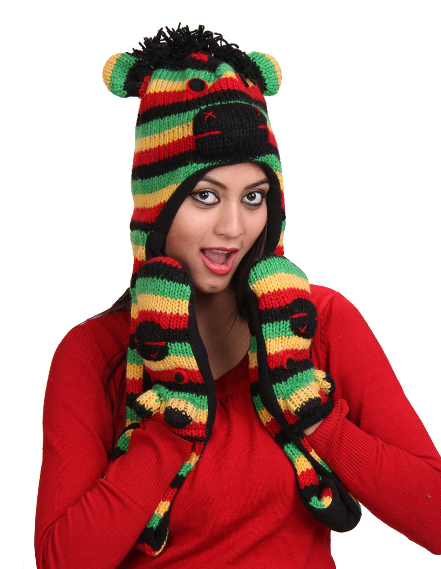 Rasta Monkey Woolen Hat W' Mittens