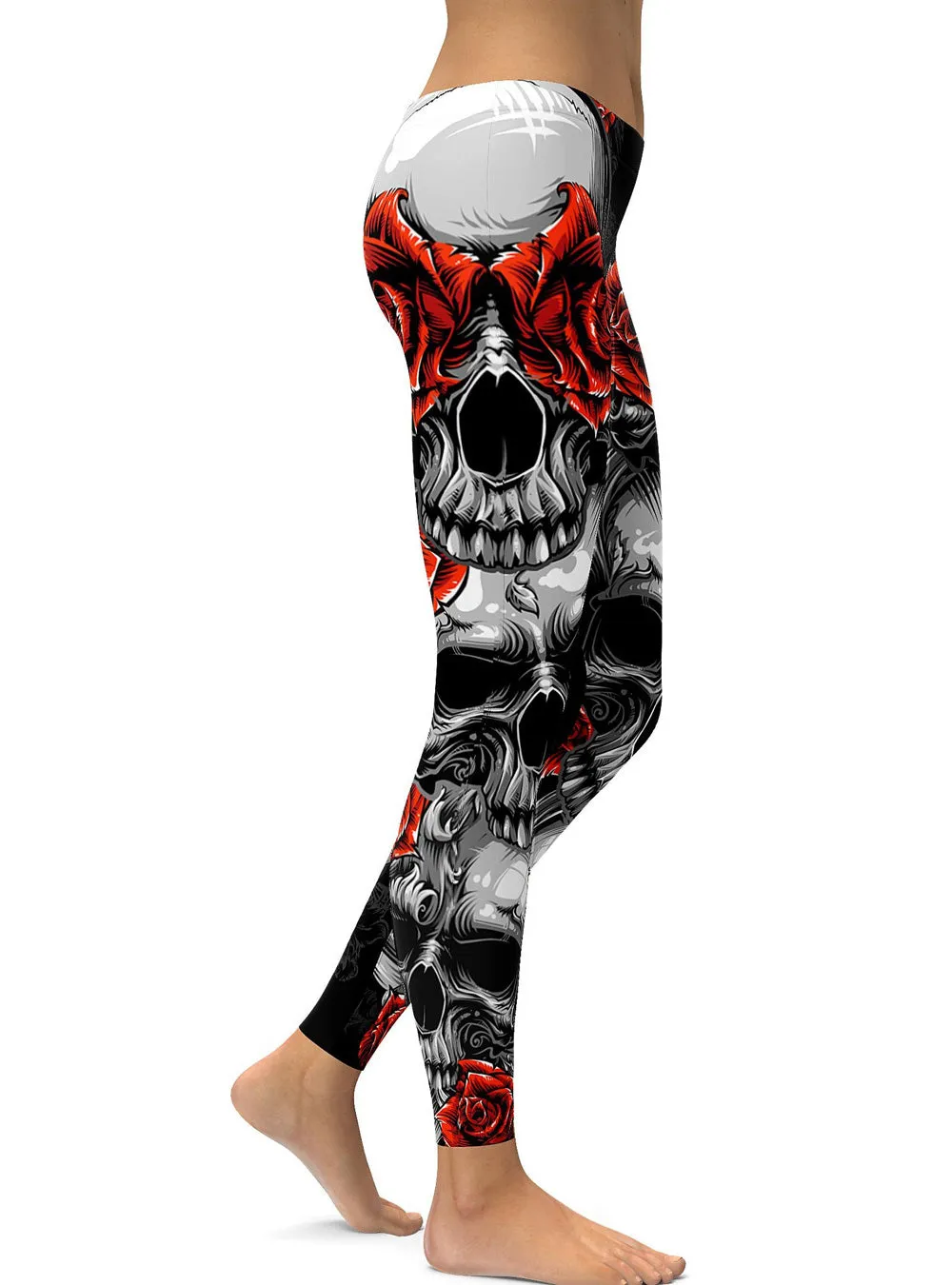 Red Rose Printed Halloween Skeleton Plus Size Sugar Skull Leggings