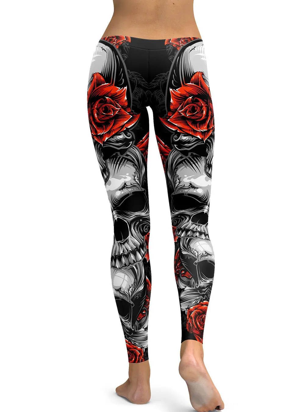 Red Rose Printed Halloween Skeleton Plus Size Sugar Skull Leggings