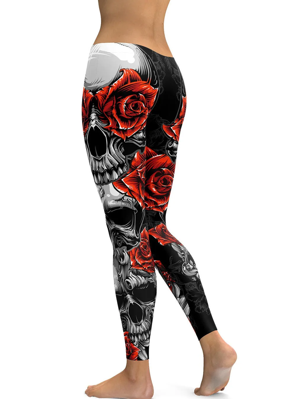 Red Rose Printed Halloween Skeleton Plus Size Sugar Skull Leggings