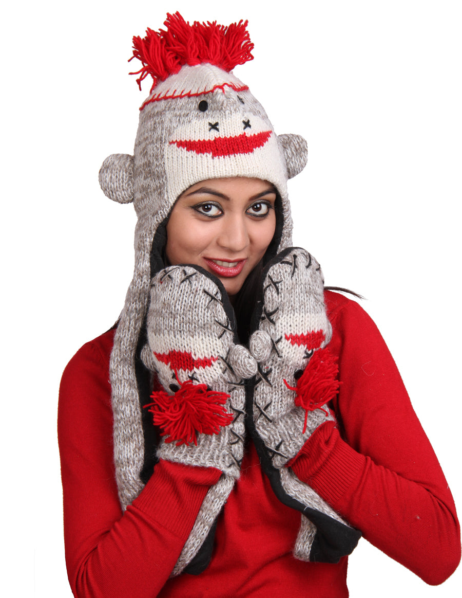 Sock Monkey Woolen Hat W' Mittens