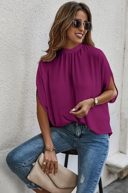 Solid Cape Short Sleeve Loose Top