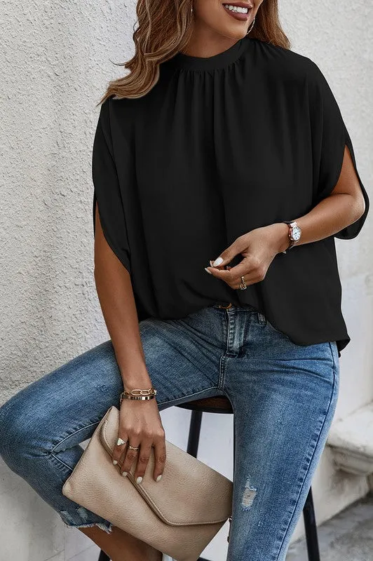 Solid Cape Short Sleeve Loose Top