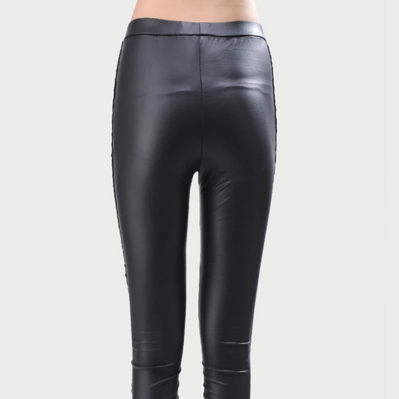 Stylish Nine-Point Faux Leather Gothic Punk Leggings for Women with Imitation Lace Detailing